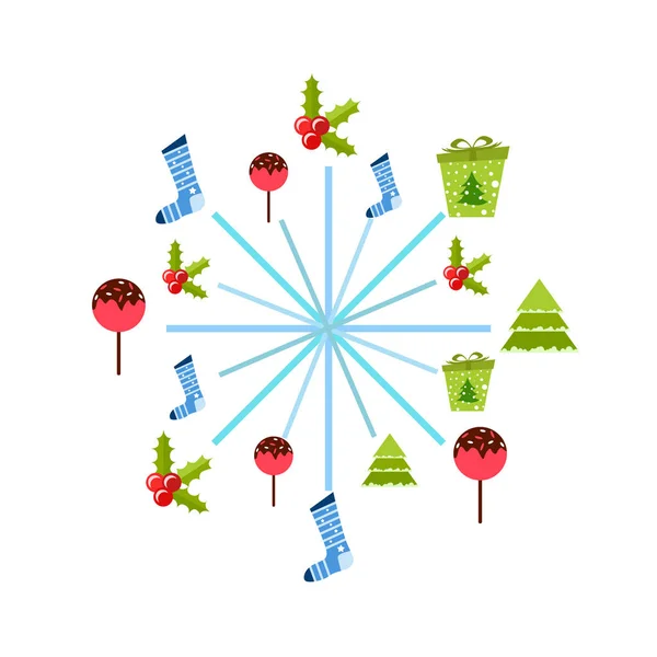 Різдвяна Листівка Цукерки Ялинки Подарунки Різдвяні Шкарпетки Векторний Фон — стоковий вектор