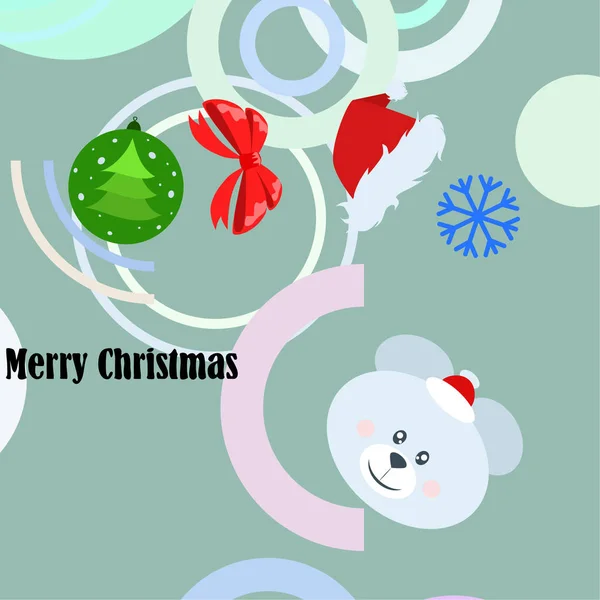 Новый Год Карточка Лук Медведь Рождественский Мяч Снежинка Санта Шляпа — стоковый вектор