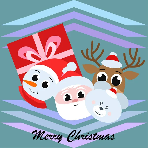 Christmas Card Santa Snowman Deer Bear Gift Vector Background — Stock Vector