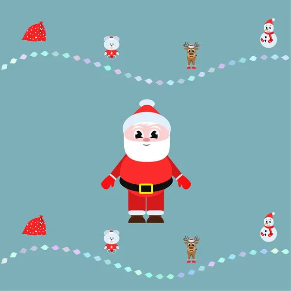 Kerstkaart Santa Sneeuwpop Herten Dragen Tas Vector Achtergrond — Stockvector