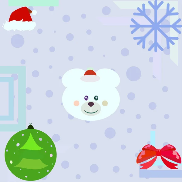 New Year Card Bow Bear Christmas Ball Snowflake Santa Hat — Stock Vector