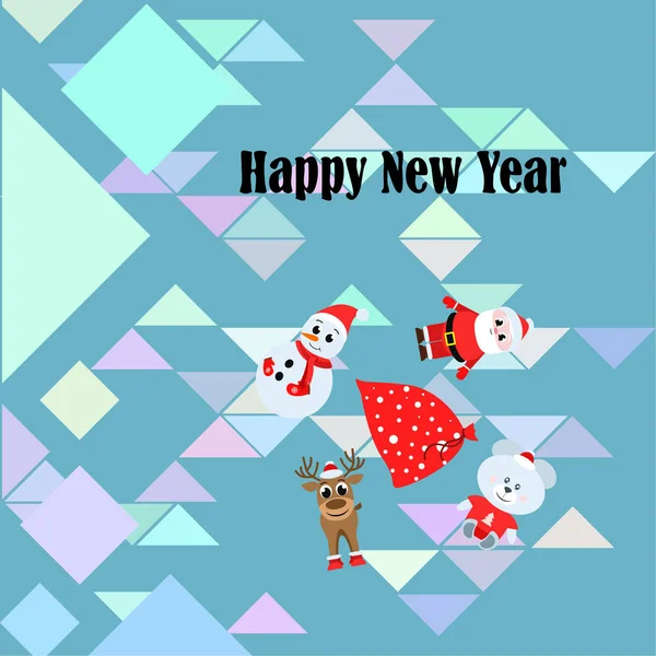 New Year Card Santa Snowman Deer Bear Vector Background — Stock Vector