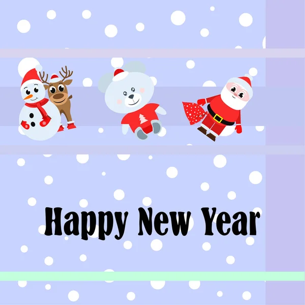 New Year Card Santa Snowman Deer Bear Vector Background — Stock Vector