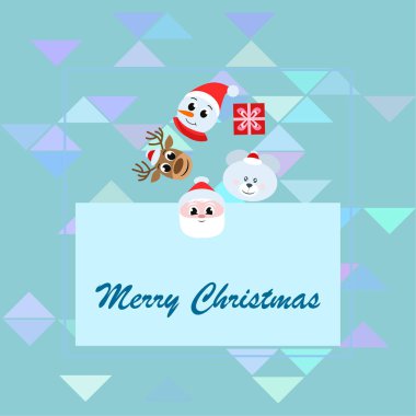 Noel kartı. Noel Baba, kardan adam, geyik, ayı ve hediye vektör arka plan