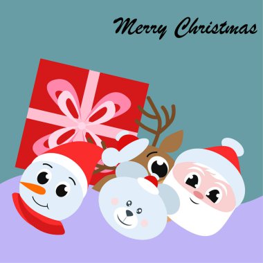 Noel kartı. Noel Baba, kardan adam, geyik, ayı ve hediye vektör arka plan