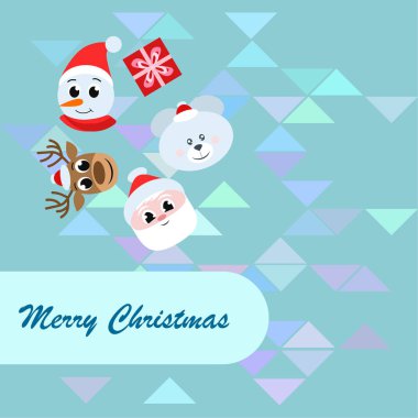 Noel kartı. Noel Baba, kardan adam, geyik, ayı ve hediye vektör arka plan