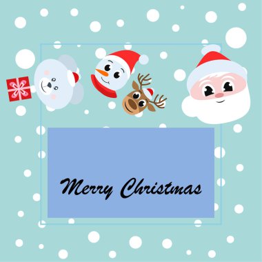 Noel kartı. Noel Baba, kardan adam, geyik, ayı ve hediye vektör arka plan