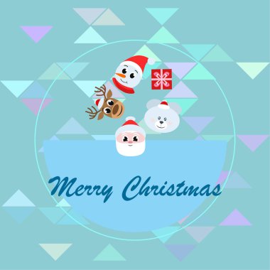 Noel kartı. Noel Baba, kardan adam, geyik, ayı ve hediye vektör arka plan
