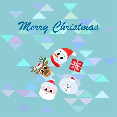 Noel kartı. Noel Baba, kardan adam, geyik, ayı ve hediye vektör arka plan