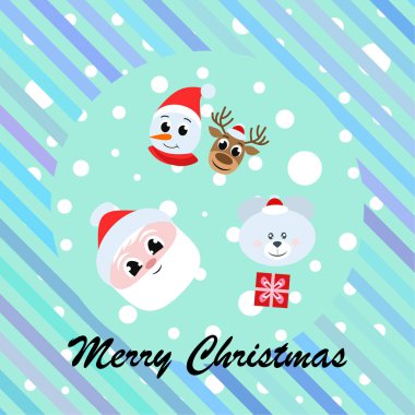 Noel kartı. Noel Baba, kardan adam, geyik, ayı ve hediye vektör arka plan