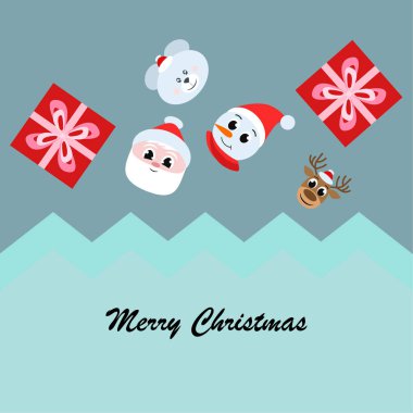 Noel kartı. Noel Baba, kardan adam, geyik, ayı ve hediye vektör arka plan