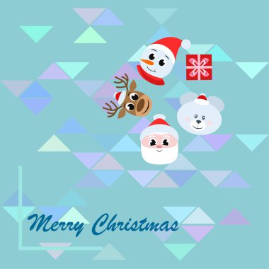 Noel kartı. Noel Baba, kardan adam, geyik, ayı ve hediye vektör arka plan