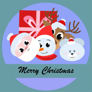 Noel kartı. Noel Baba, kardan adam, geyik, ayı ve hediye vektör arka plan