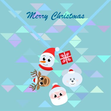 Noel kartı. Noel Baba, kardan adam, geyik, ayı ve hediye vektör arka plan