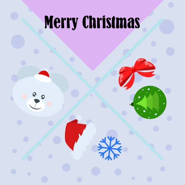 New Year Card Bow Bear Christmas Ball Snowflake Santa Hat — Stock Vector