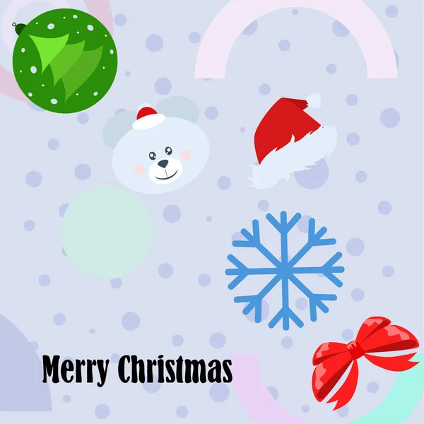 Nieuwjaar Kaart Boog Dragen Kerst Bal Sneeuwvlok Santa Hat Vector — Stockvector