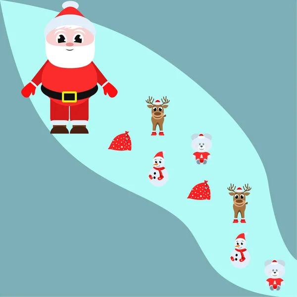 Kerstkaart Santa Sneeuwpop Herten Dragen Tas Vector Achtergrond — Stockvector