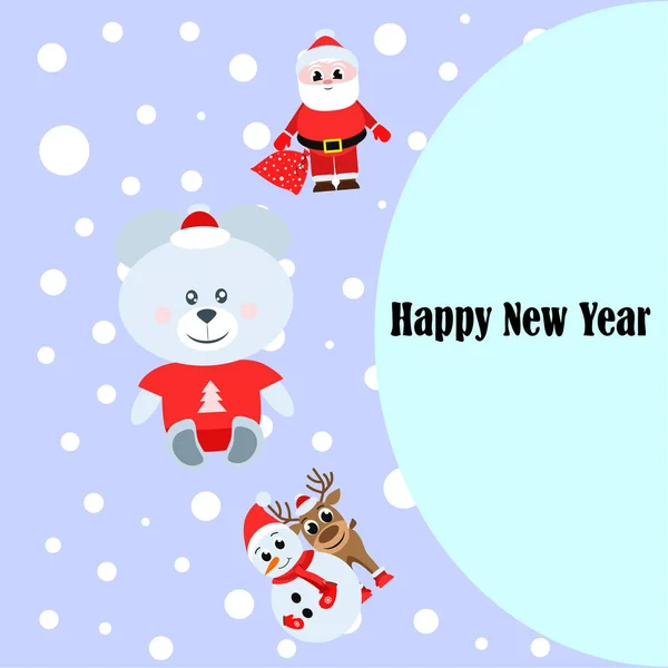 New Year Card Santa Snowman Deer Bear Vector Background — Stock Vector