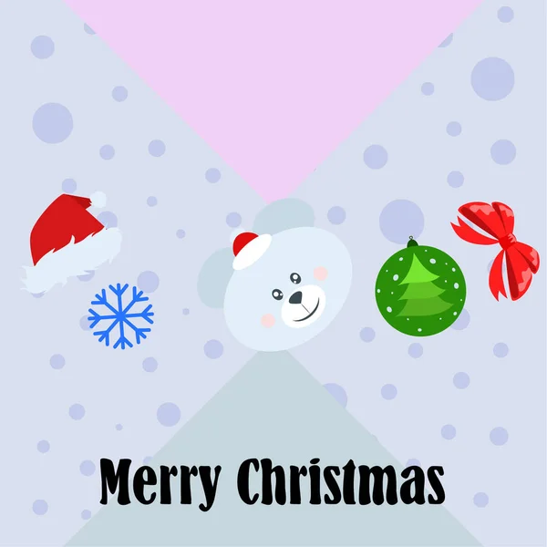 Nieuwjaar Kaart Boog Dragen Kerst Bal Sneeuwvlok Santa Hat Vector — Stockvector