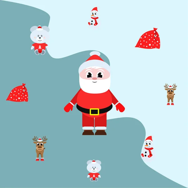 Рождественская Открытка Санта Снеговик Медведь Мешок Векторный Фон — стоковый вектор