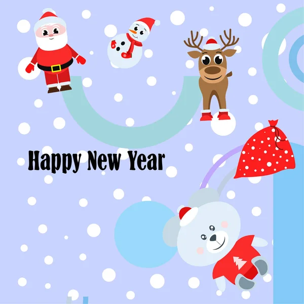Szczęśliwego Nowego Roku Karty Santa Claus Bałwan Jeleń Niedźwiedź Tło — Wektor stockowy