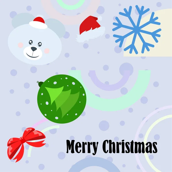 Novoroční Karta Luk Bear Vánoční Koule Sněhová Vločka Santa Klobouk — Stockový vektor