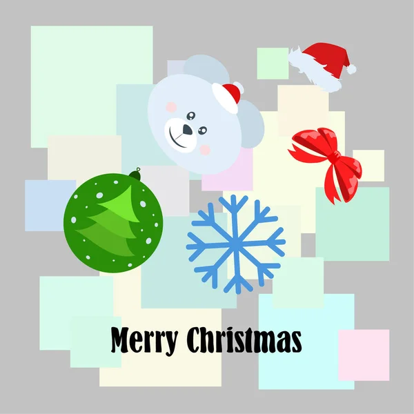Νέο Έτος Κάρτα Τόξο Φέρει Χριστουγεννιάτικη Μπάλα Νιφάδα Χιονιού Santa — Διανυσματικό Αρχείο