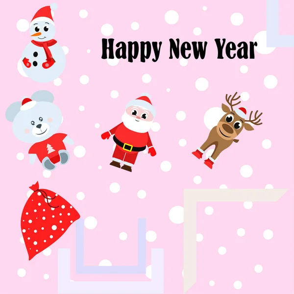 Christmas New Year Card Santa Snowman Deer Bear Vector Background — Stock Vector