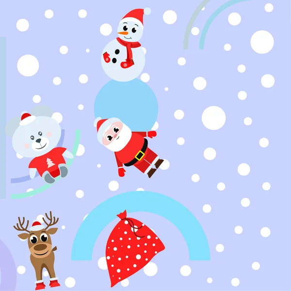 Šťastný Nový Rok Karty Santa Claus Sněhulák Jelen Medvěd Vektorový — Stockový vektor