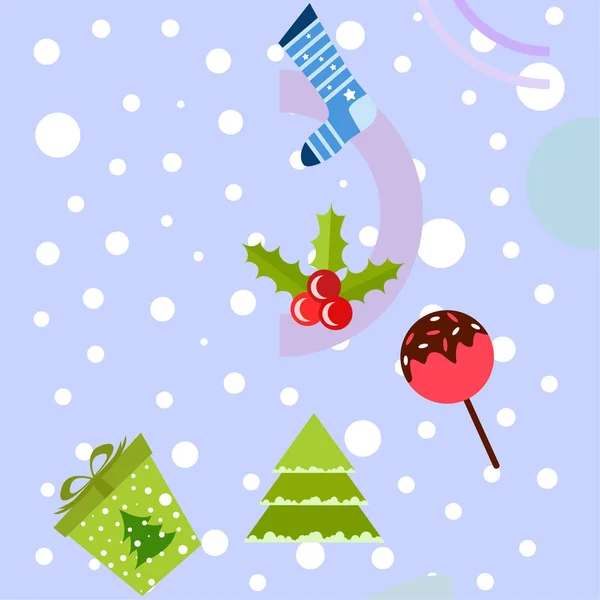 Kartki Świąteczne Słodycze Jodła Prezent Boże Narodzenie Skarpety Tło Wektor — Wektor stockowy