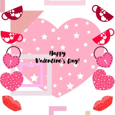 Sevgililer günü, kupa, kilit, dudaklar, kalp, vektör arka plan