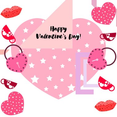 Sevgililer günü, kupa, kilit, dudaklar, kalp, vektör arka plan