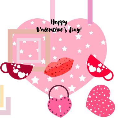 Sevgililer günü, kupa, kilit, dudaklar, kalp, vektör arka plan