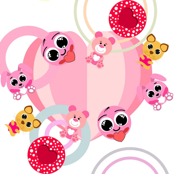 Aftelkalender Voor Valentijnsdag Kat Konijn Bear Hart Smiley Vector Achtergrond — Stockvector