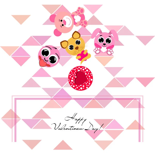 Valentine Day Cat Bunny Bear Heart Smiley Vector Background — стоковый вектор