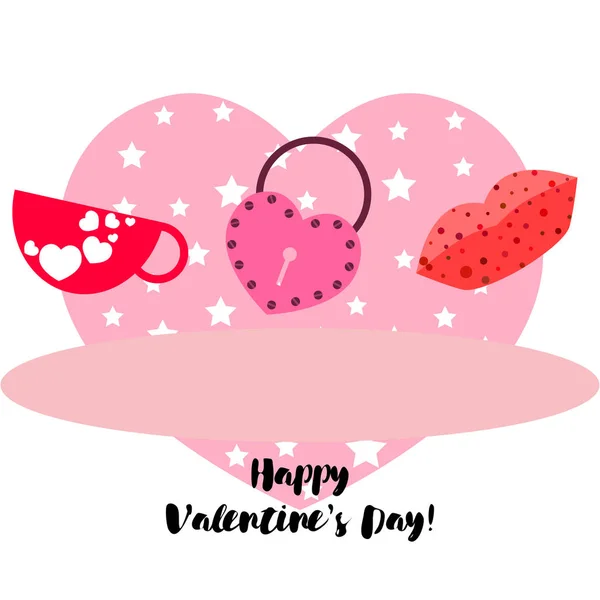 Día San Valentín Taza Cerradura Labios Corazón Vector Fondo — Vector de stock