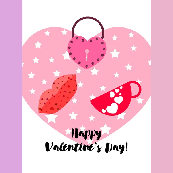 Día San Valentín Taza Cerradura Labios Corazón Vector Fondo — Vector de stock