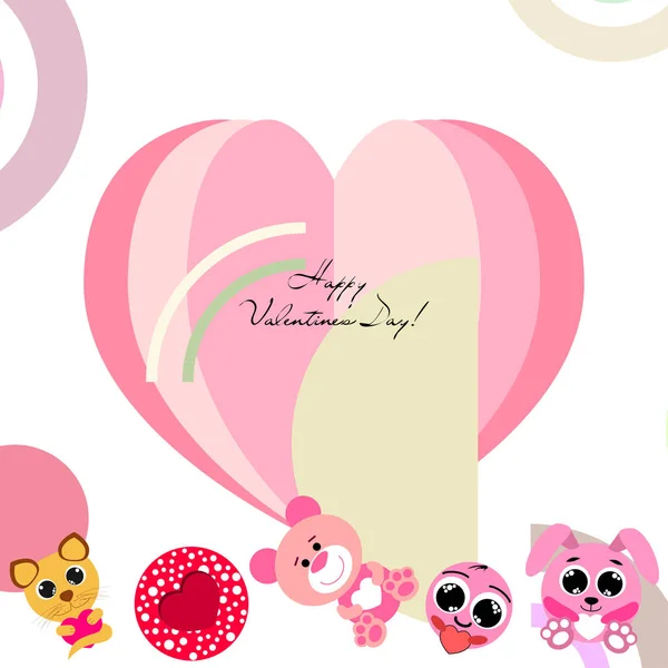 Valentine Day Cat Bunny Bear Heart Smiley Vector Background — стоковый вектор