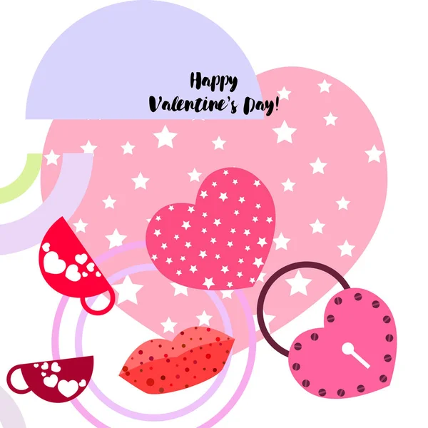 Día San Valentín Taza Cerradura Labios Corazón Vector Fondo — Vector de stock