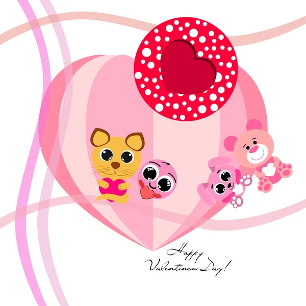 Día San Valentín Gato Conejo Oso Corazón Sonriente Vector Fondo — Vector de stock