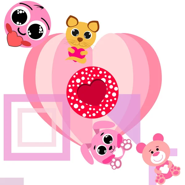 Valentine Day Cat Bunny Bear Heart Smiley Vector Background — стоковый вектор