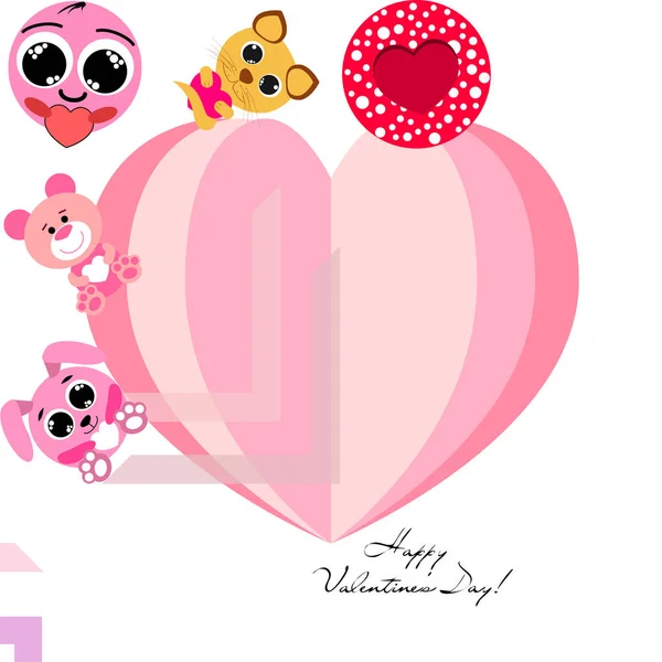 Valentine Day Cat Bunny Bear Heart Smiley Vector Background — стоковый вектор