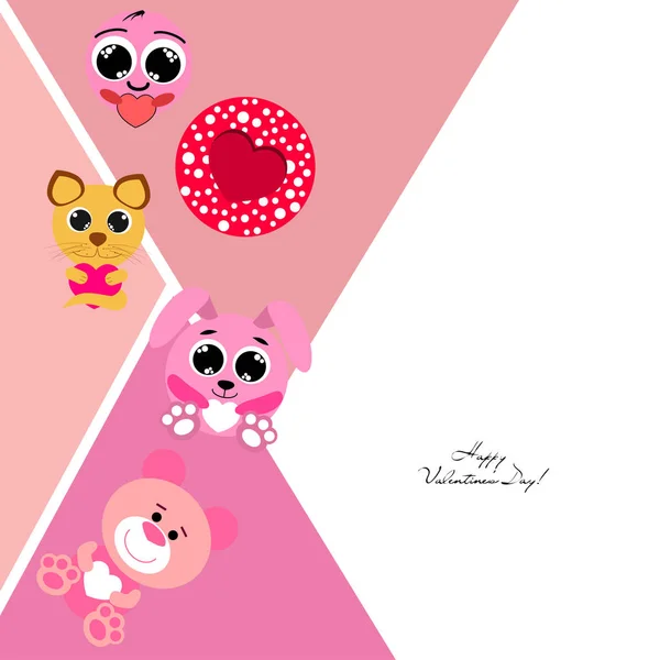 Valentine Day Cat Bunny Bear Heart Smiley Vector Background — стоковый вектор