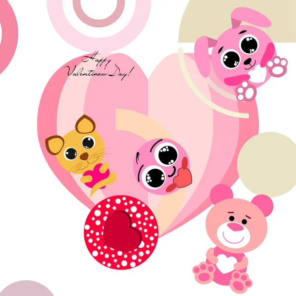 Valentine Day Cat Bunny Bear Heart Smiley Vector Background — стоковый вектор