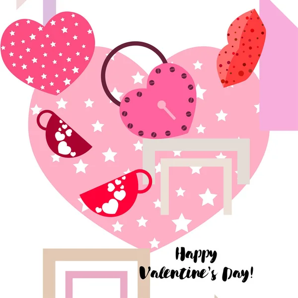 Día San Valentín Taza Cerradura Labios Corazón Vector Fondo — Vector de stock