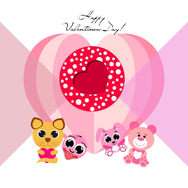 Valentine Day Cat Bunny Bear Heart Smiley Vector Background — стоковый вектор