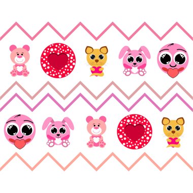 Sevgililer günü, kedi, tavşan, ayı, kalp, smiley, vektör arka plan