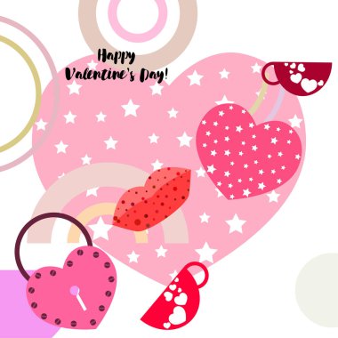 Sevgililer günü, kupa, kilit, dudaklar, kalp, vektör arka plan