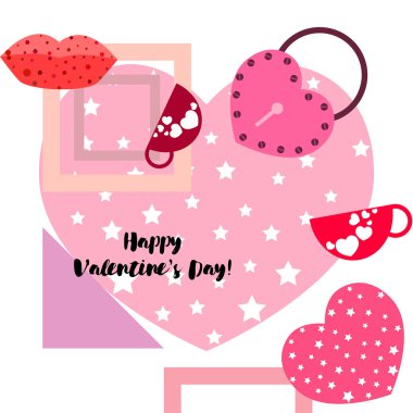 Sevgililer günü, kupa, kilit, dudaklar, kalp, vektör arka plan