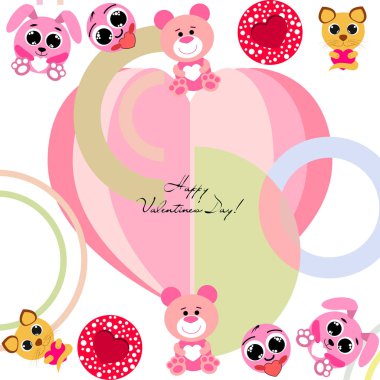 Sevgililer günü, kedi, tavşan, ayı, kalp, smiley, vektör arka plan